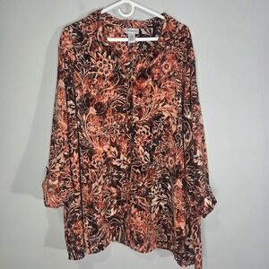 Catherines Womens‎ Button Up Top 4X Dark Floral Paisley Roll Tab Sleeve Office